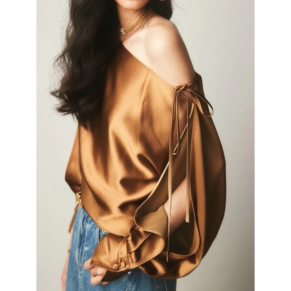 Commense Top XL Copper Satin Asymmetrical Cold Shoulder Tied Satin Blouse